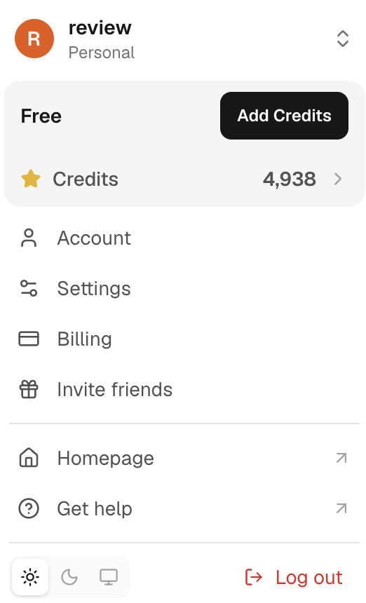 The account menu at the bottom of the sidebar: your plan and credits, Add Credits, Account, Settings and Billing.