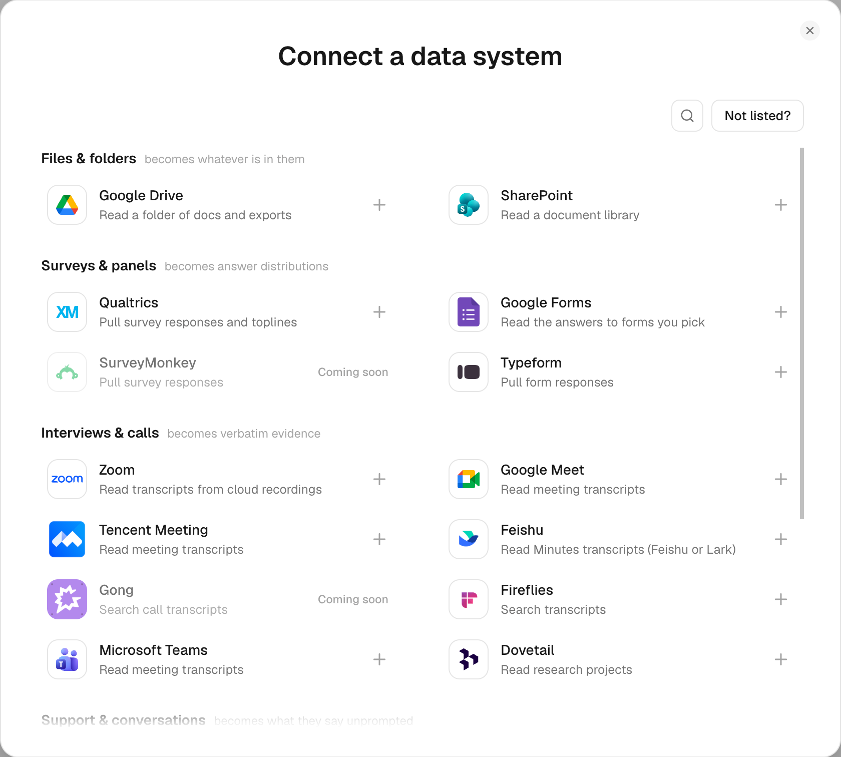 The live connection catalog groups systems by the evidence they contribute. Unavailable entries are marked Coming soon.