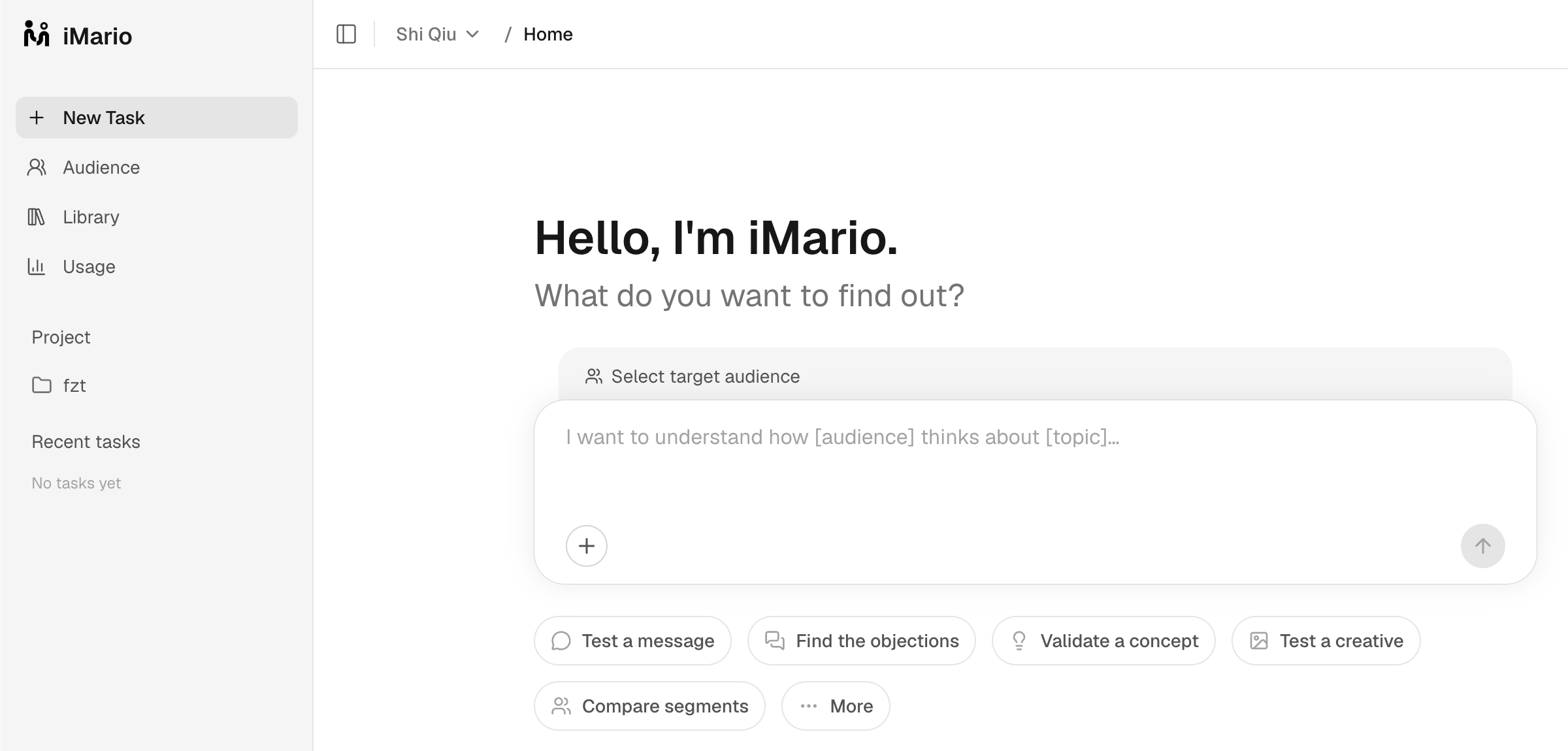 The home screen with the sidebar expanded: New Task, Audience, Library, Usage, Project and Recent tasks, with the composer and suggested starting points.