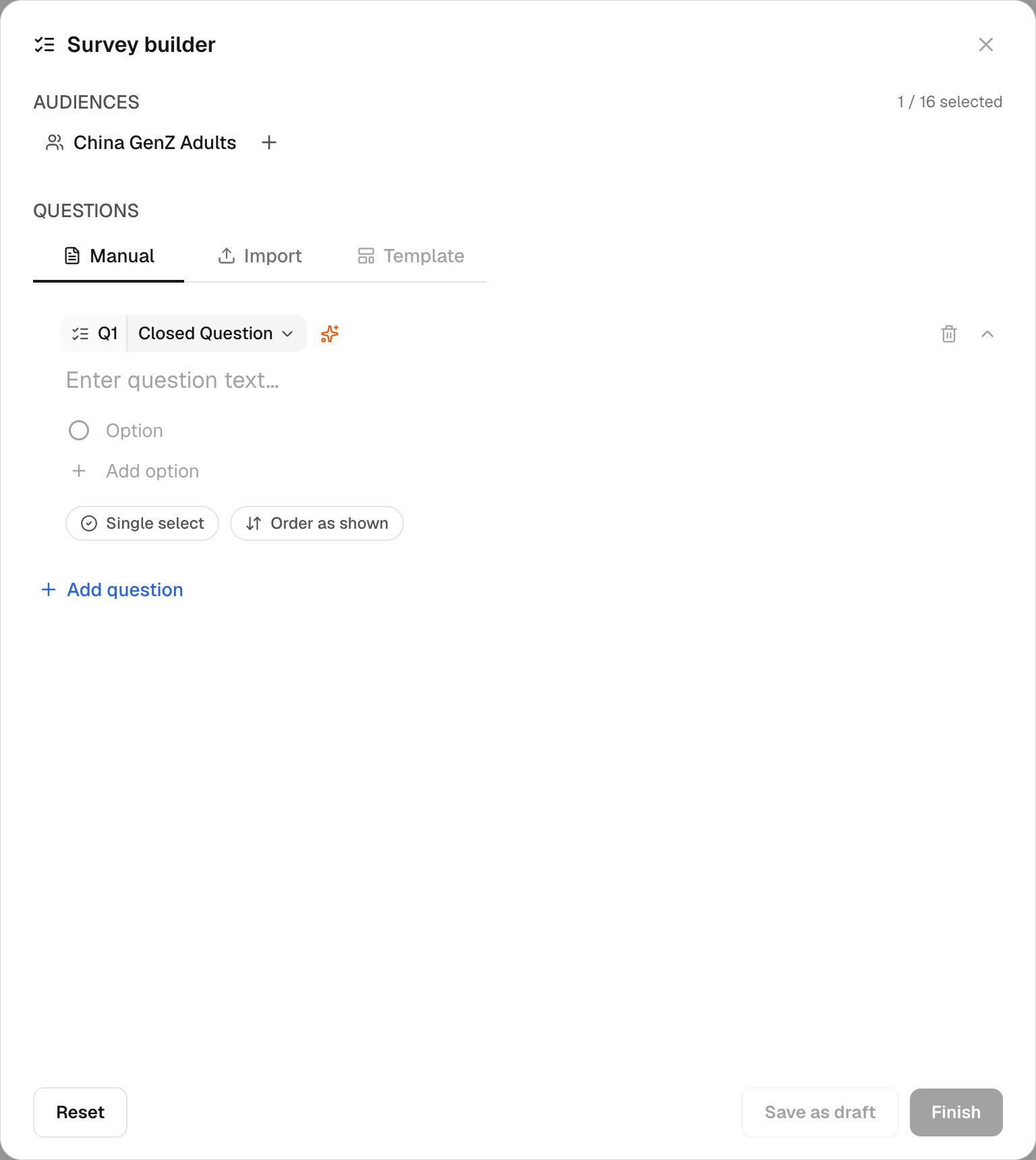 The actual Survey builder: choose Manual or Import, review each question and its response options, then save or finish.