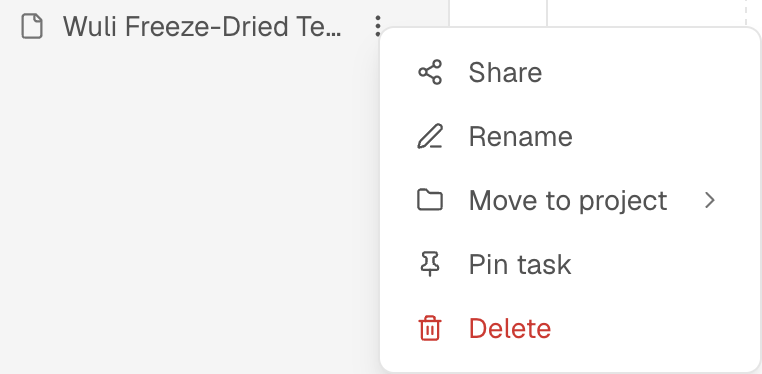 The task menu in the sidebar: Share, Rename, Move to project, Pin task and Delete.