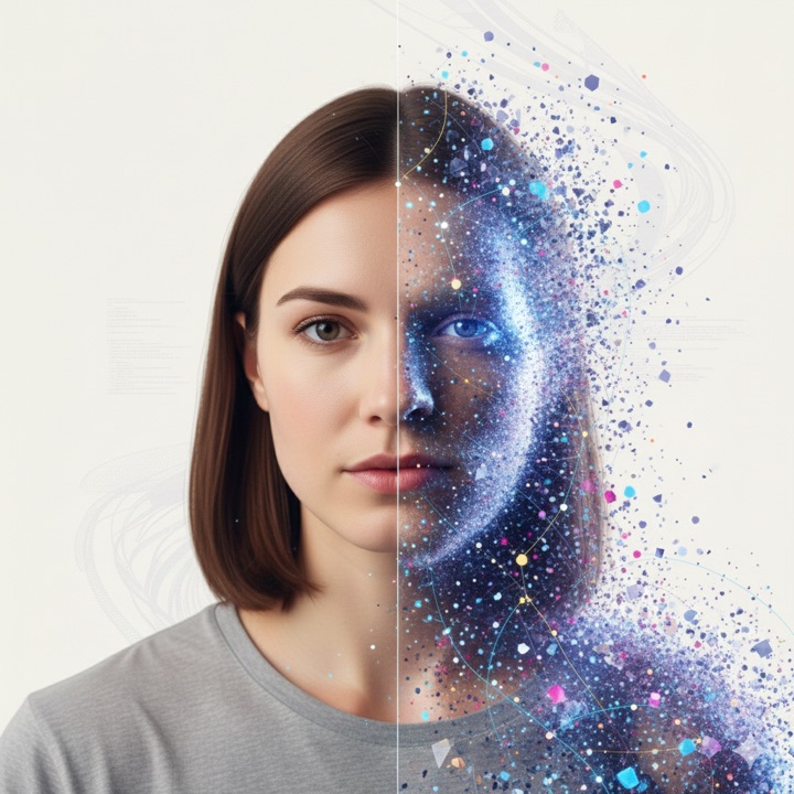 A synthetic individual, part real person and part data — an American woman