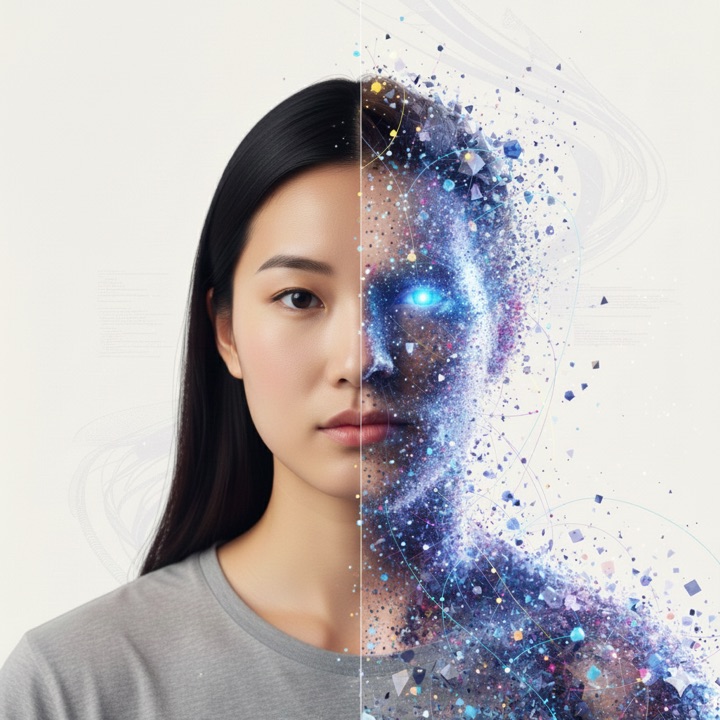 A synthetic individual, part real person and part data — an Asian woman