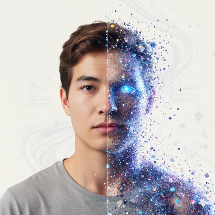 A synthetic individual, part real person and part data — an Asian man