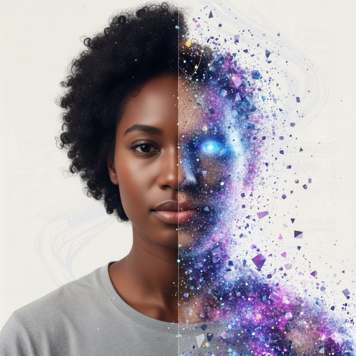 A synthetic individual, part real person and part data — a Black woman