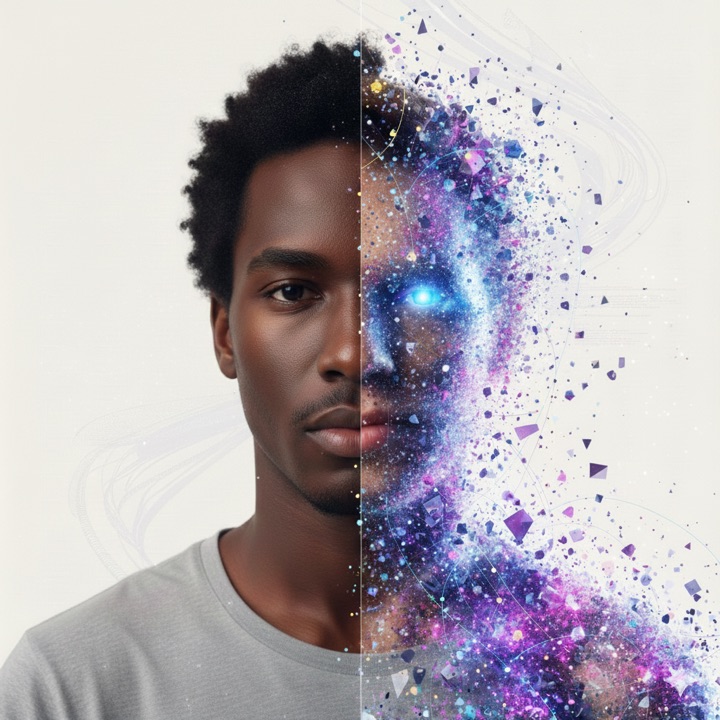 A synthetic individual, part real person and part data — a Black man