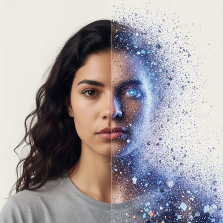 A synthetic individual, part real person and part data — a Latin American woman