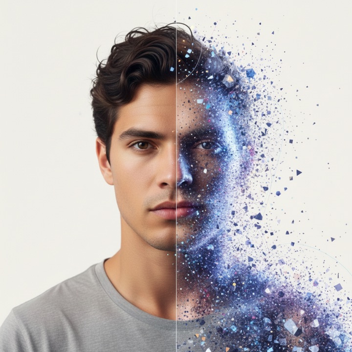 A synthetic individual, part real person and part data — a Latin American man